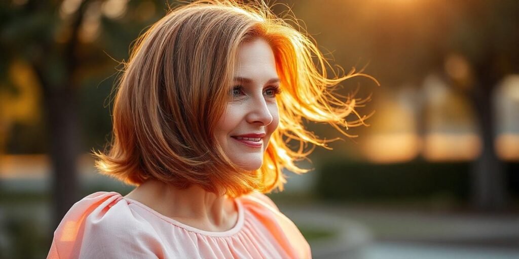 Amber waves hairstyle for women over 50, featuring a reddish-brown bob with soft sunlit highlights, inspired by the '90s and Chrissy Teigen's charm, in a romantic outdoor setting
