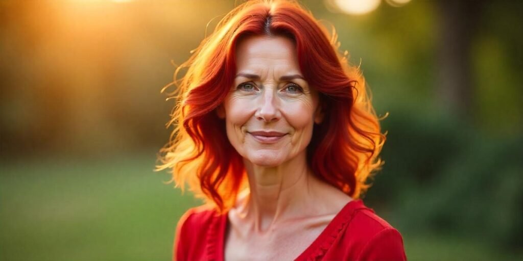 "A woman over 50 with Cherry Cola Red hair styled in soft waves, wearing a red dress, set against a romantic sunset background, embodying the latest hair color trend for mature women."