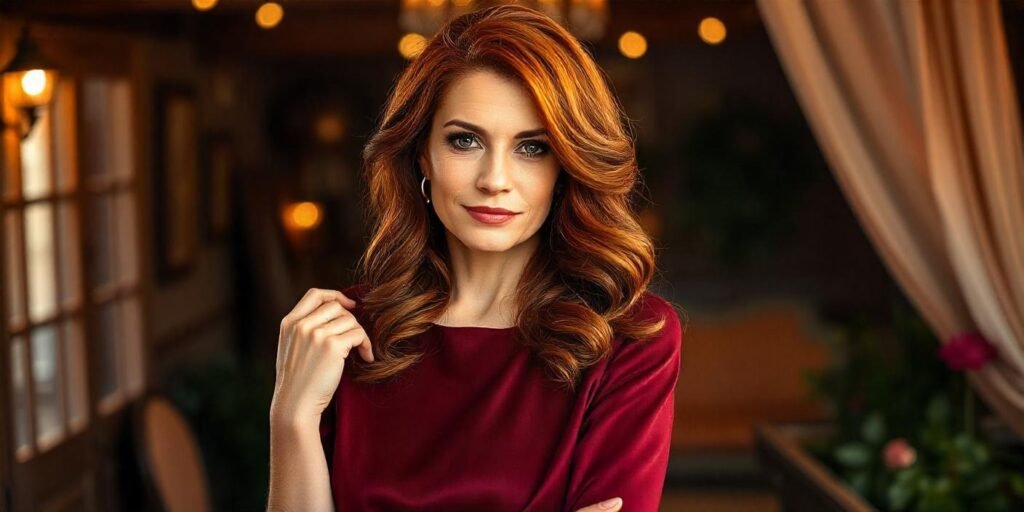 Realistic image of a woman aged 50+ with rich mahogany hair styled in soft waves, wearing a deep burgundy dress, captured in a romantic, intimate setting with realistic neck and features