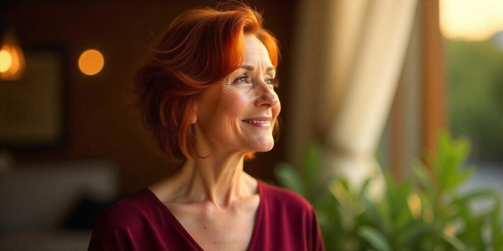 "Realistic image of a woman aged 50+ with piece-y red hair featuring copper and bronze highlights, wearing a burgundy dress, captured in a romantic setting with a glossy, metallic finish."