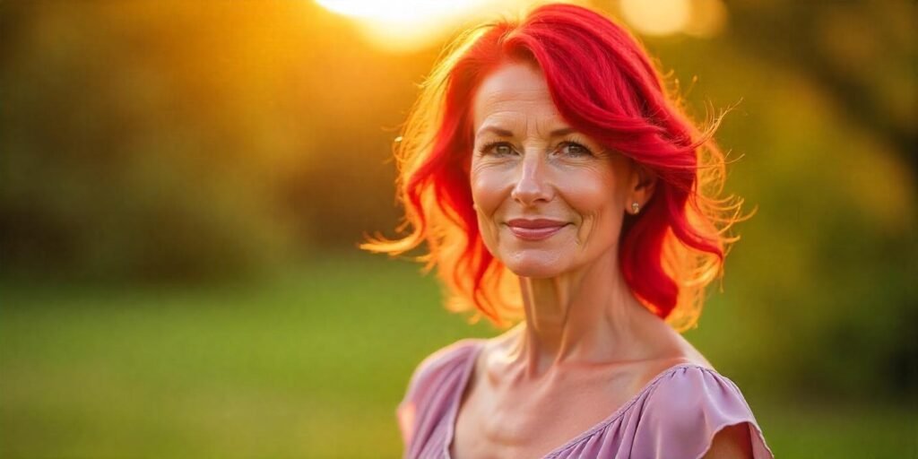 50+ woman with Raspberry Red hair, jewel-toned brown and red mix with blueish undertones, in a soft pastel dress, standing in a romantic, glowing outdoor setting.