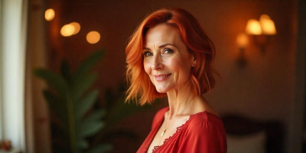 High-shine metallic reddish-brown hair with copper and bronze streaks on a woman aged 50+, wearing a romantic deep red lace dress in a soft, intimate setting.