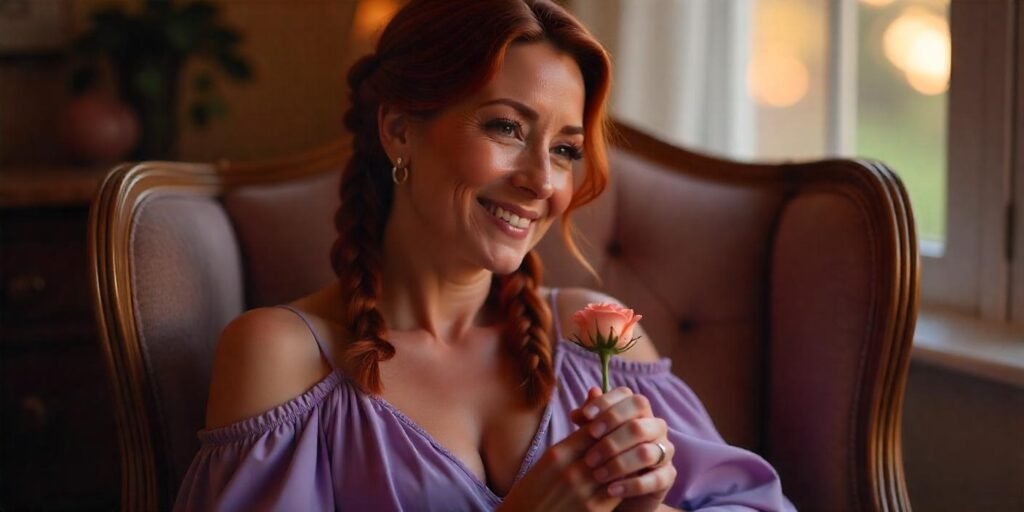 "50+ woman with reddish-brown braids in copper and bronze tones, wearing a lavender dress, sitting in a cozy armchair, holding a rose, with a romantic background."