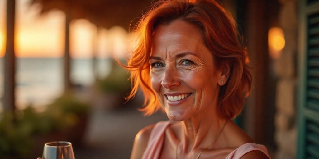 Flaming Highlights hair color with reddish-brown, bronze, and copper tones, creating a fiery and captivating look for women aged 50+. The woman is dressed in a soft-toned dress with a romantic background.