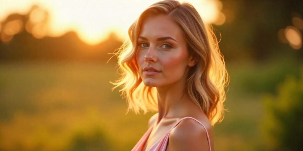 "Structured hair with face-framing highlights, soft pastel pink dress, romantic outdoor background, natural and realistic neck and features."






