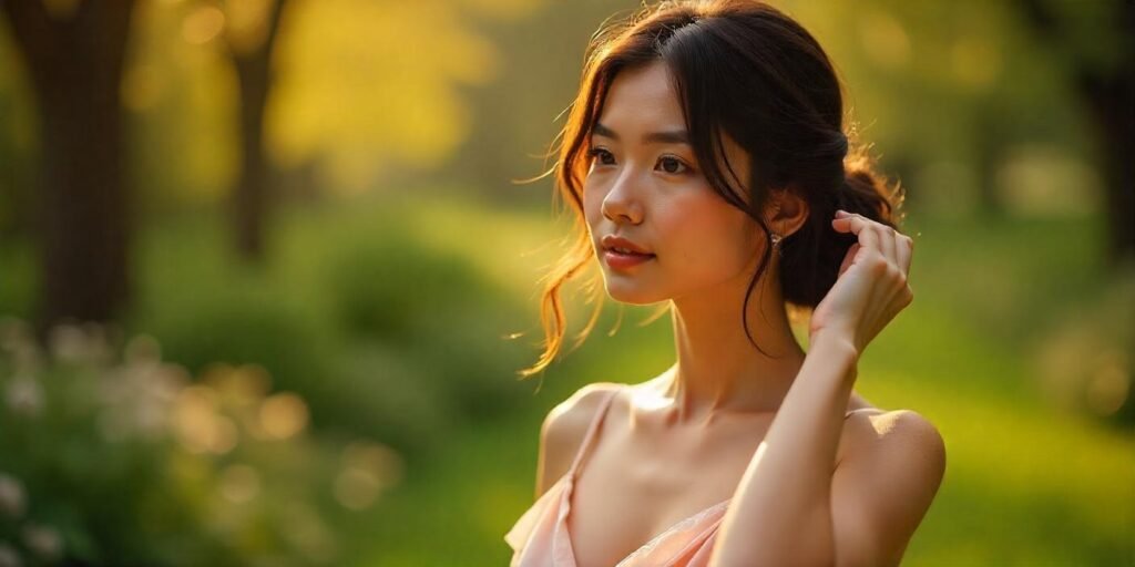 Collarbone-length hairstyle with dark and lighter tones, framed face, wearing a soft pastel-colored dress in a romantic outdoor setting.