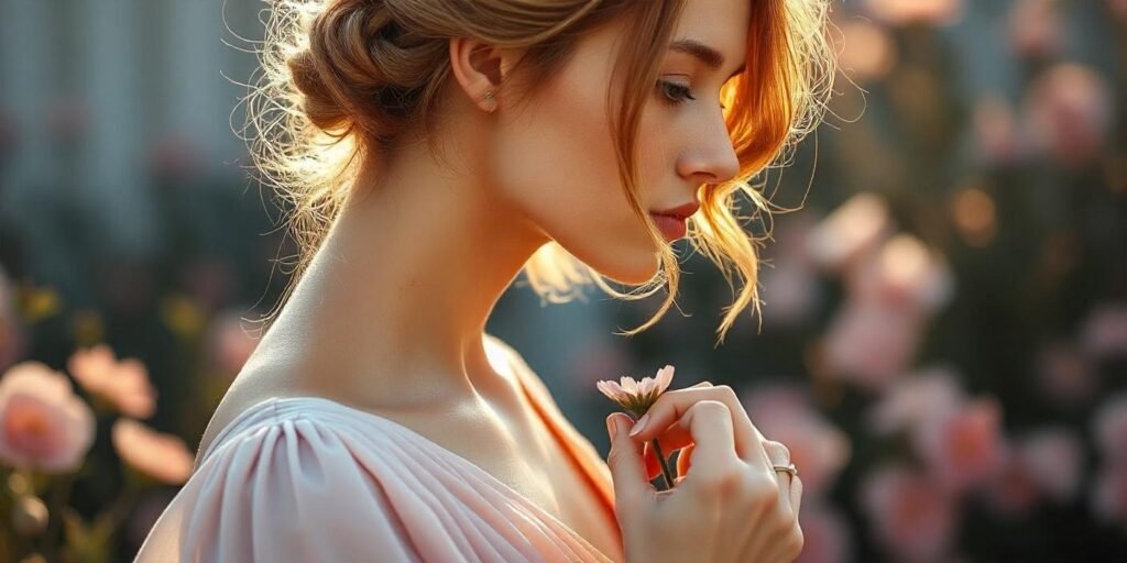 Twisted layers haircut with gentle waves and face-framing sections, woman in a pastel dress in a romantic garden, natural neck