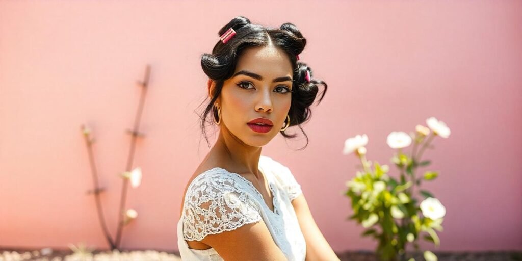 Vibrant clips enhancing modern pin curl hairstyle