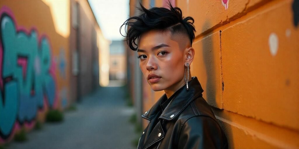 Bold pin curls paired with shaved undercut hairstyle