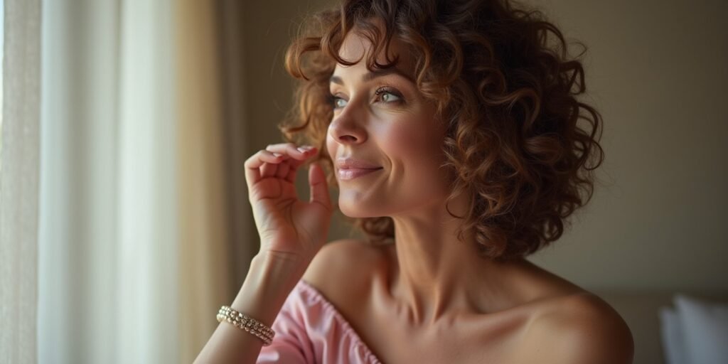 Elegant 50+ woman with coily layered bob hairstyle in a soft pink dress in a romantic ambiance.