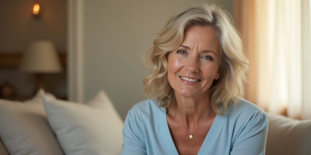 Realistic image of a woman aged 50+ with medium-length waves and a romantic vibe, wearing a light blue dress.