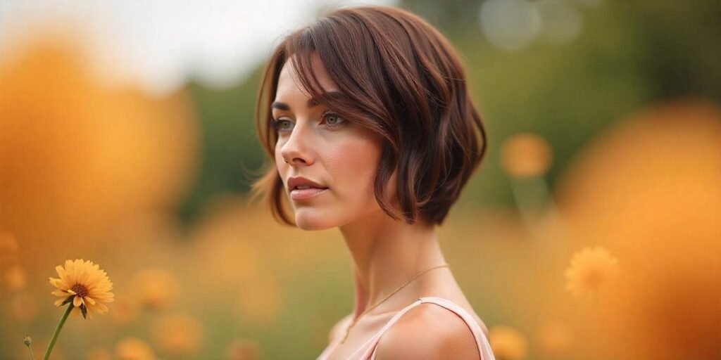 Woman with sculpted A-line bob hairstyle, wearing a blush dress, in a romantic garden setting.