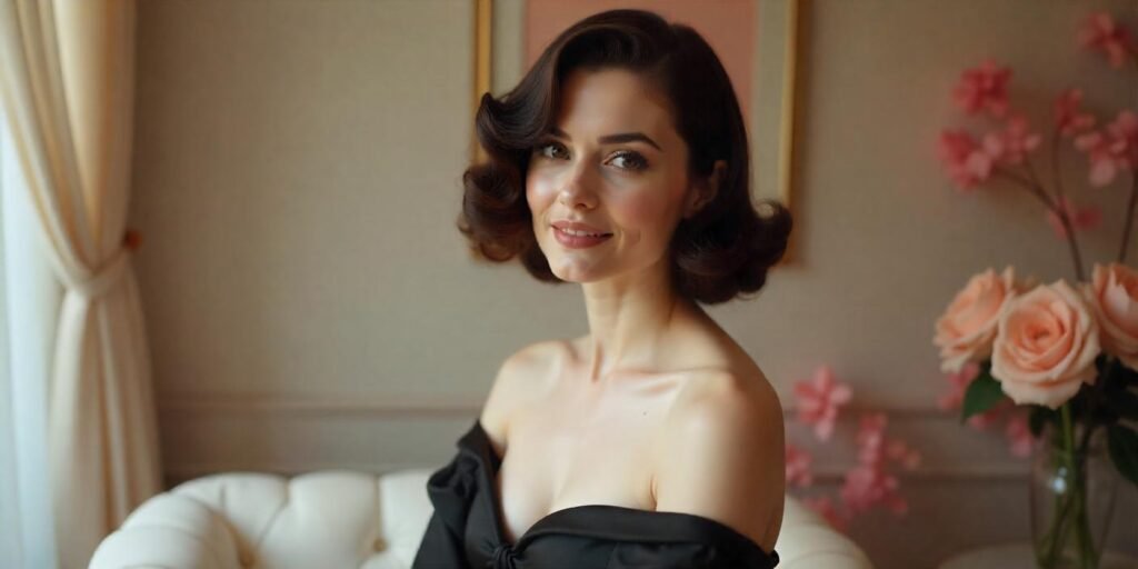 Voluminous A-line bob hairstyle with curls, elegant black satin dress, romantic vintage setting, perfect for glamorous events.