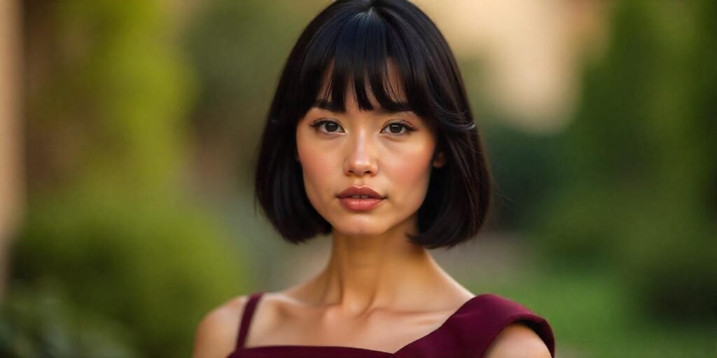 Woman with French A-Line Bob haircut wearing a red dress in a romantic background.