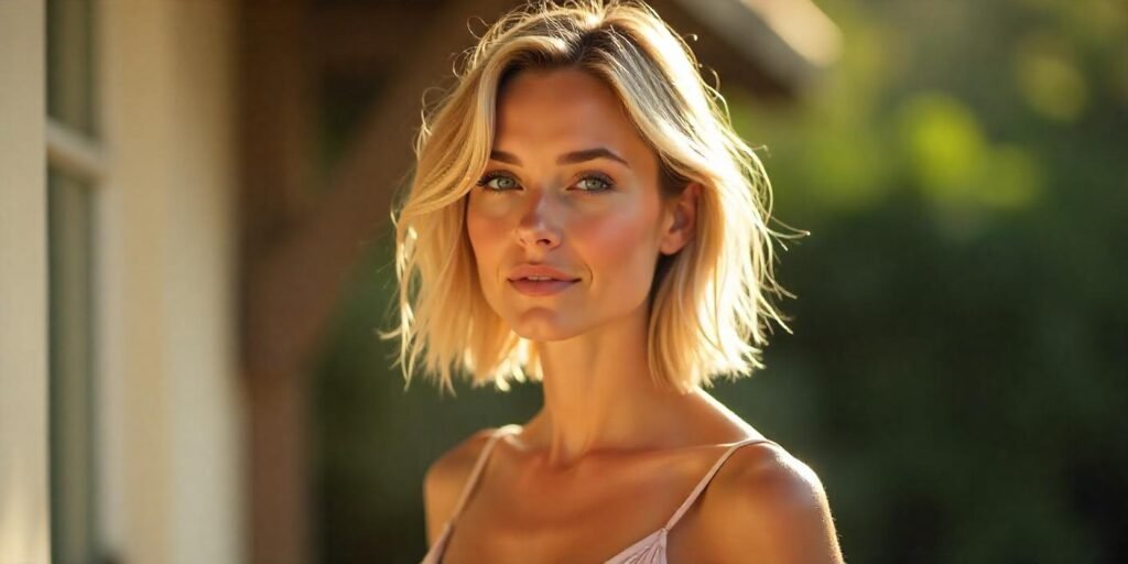 Tousled A-line bob hairstyle with loose waves, side part, and pastel dress in a romantic background