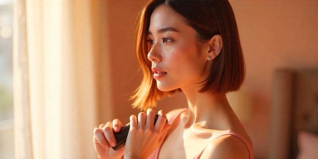 ealistic image of a woman with A-line bob hairstyle and side part, wearing a pastel dress and blow-drying her hair for a vibrant finish.