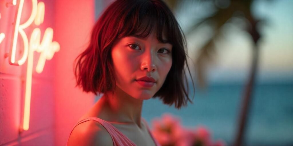 Realistic image of a woman with A-line bob haircut and feathery fringe styled with hair oil.