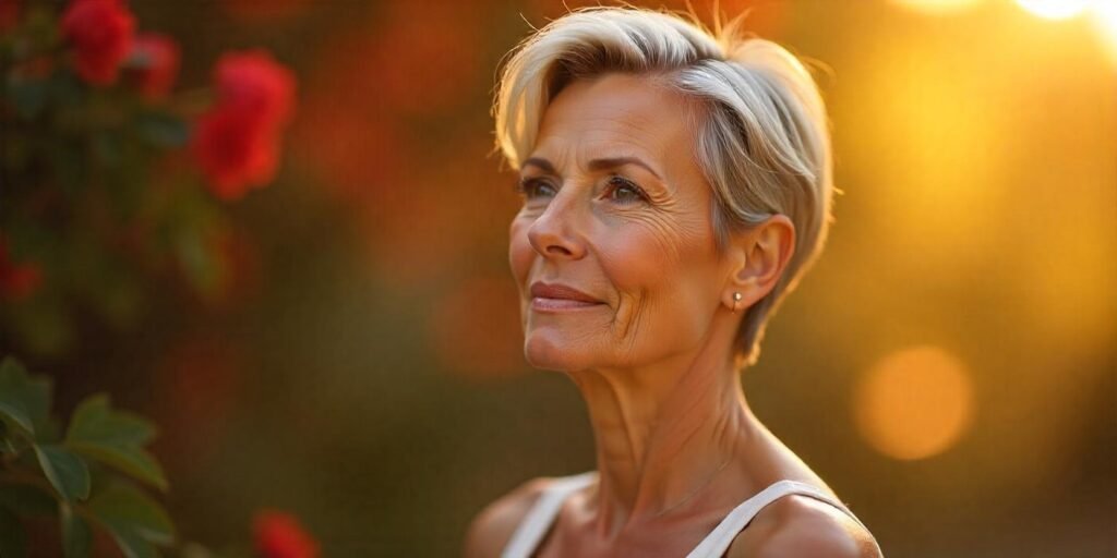 Realistic image of a woman aged 50+ with fine gray hair styled in a long pixie cut with a nape undercut, showcasing a modern, sleek look with feathered layers adding volume.