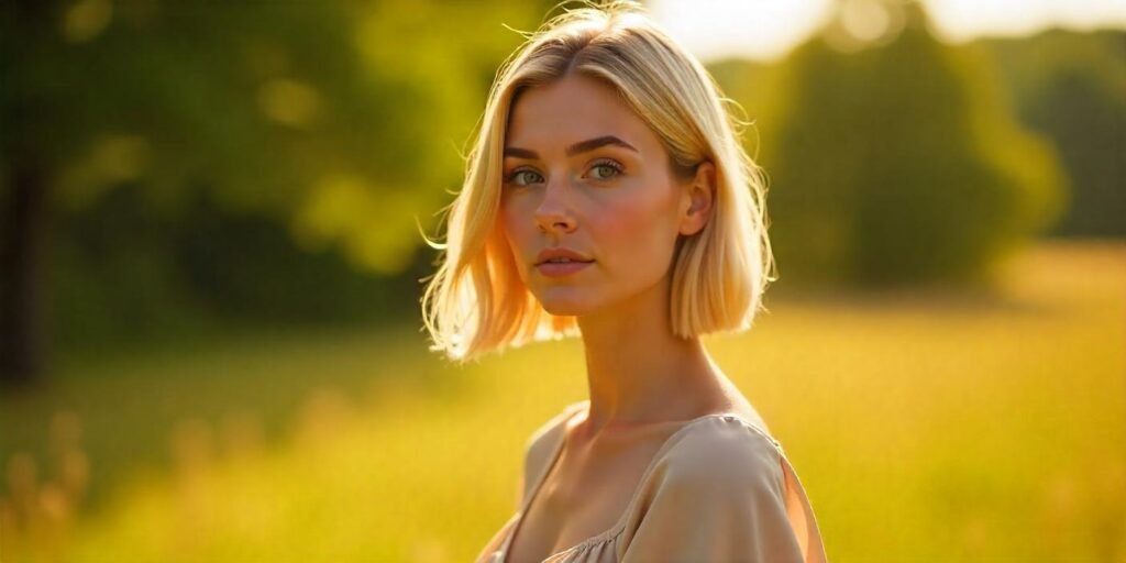 Honey blonde A-line bob haircut in a soft romantic cottagecore meadow with a light beige dress.
