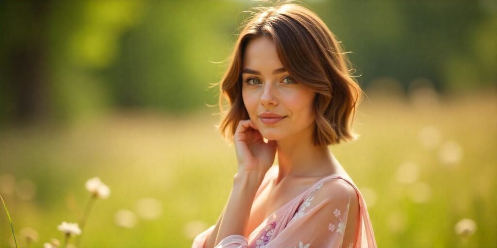 Woman with a bouncy A-line bob haircut in a floral pastel dress in a romantic outdoor setting