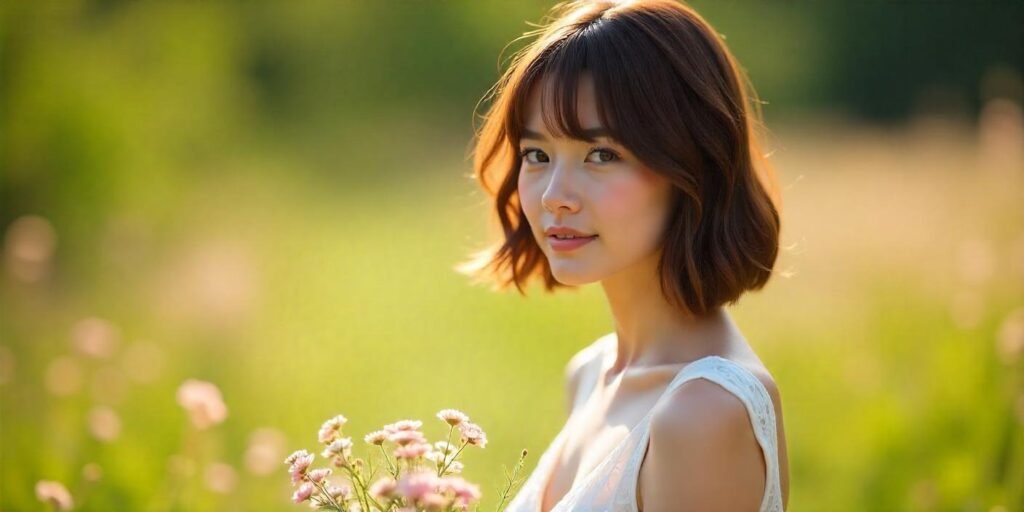 Woman with soft stacked bob haircut, side bang, and white dress in romantic cottagecore outdoor setting