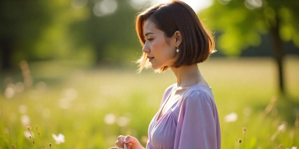 Woman with a high-low bob haircut in dark brown, wearing a lavender cottagecore dress, standing in a garden with soft sunlight.