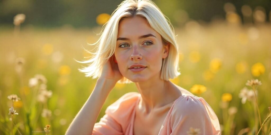 A woman with a glossy blonde bob haircut featuring jagged ends in a romantic cottagecore setting.