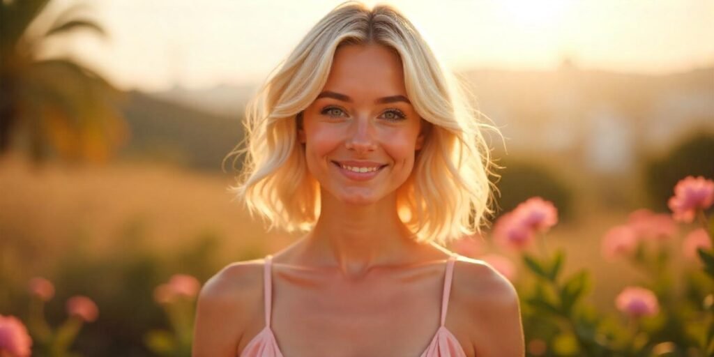 Woman with airy blonde collarbone-length layered haircut wearing a pastel pink dress in a romantic outdoor setting.