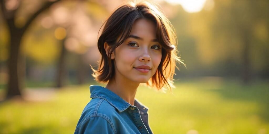 "A woman with thick, medium-brown hair styled in a modern mullet, standing outdoors in a romantic sunlit park."