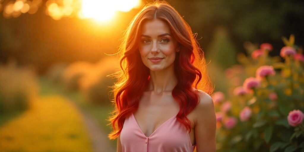 Long waves with dark brown roots and red ends, styled in loose waves, with a romantic blush pink dress and a natural, seamless color transition