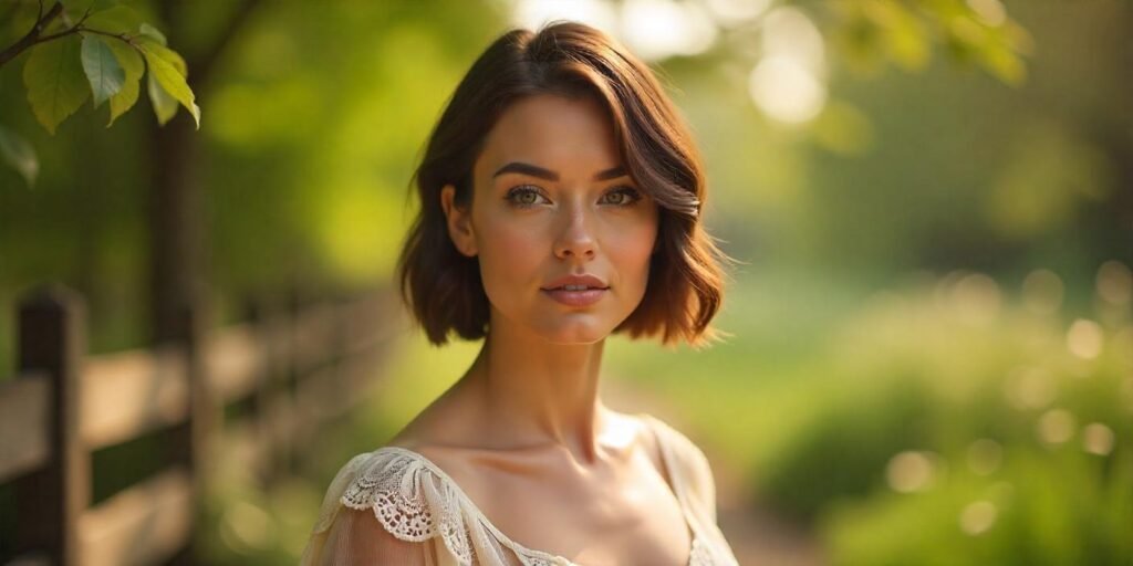 Stacked brown bob haircut with a refined front and chic cottagecore vibe, featuring a light cream dress and romantic outdoor background.