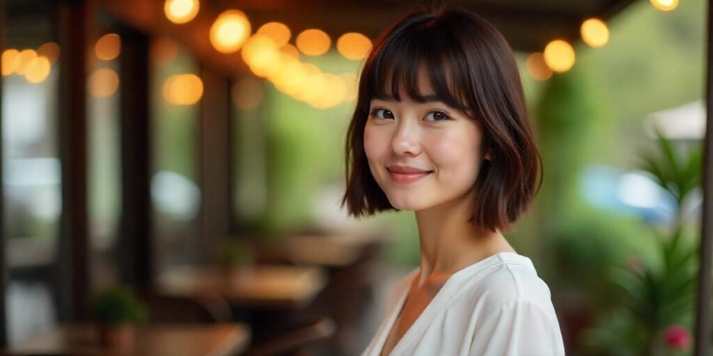 Shoulder-length straight A-line bob with bangs, soft white blouse, romantic background, natural hairstyle.