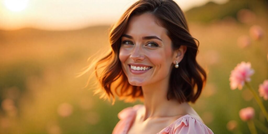 Romantic layered lob for thick hair styled in an A-line bob, woman in soft pink dress, natural look
