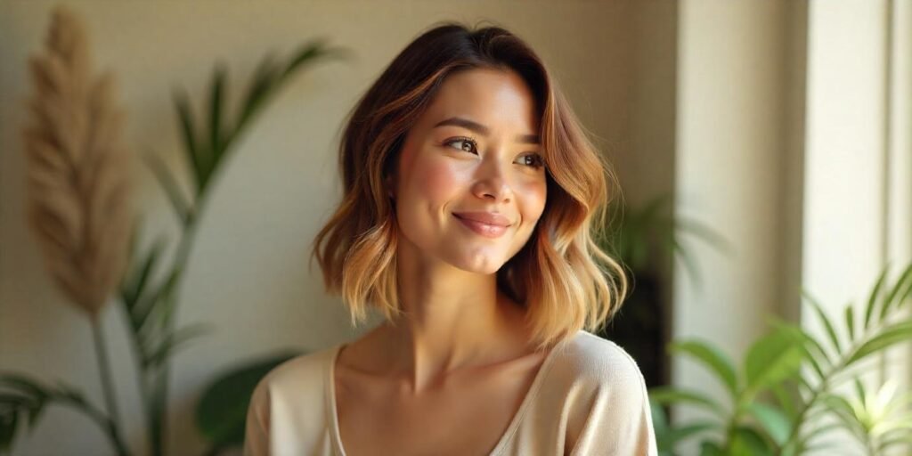 Photo of woman with wavy lob haircut with jagged ends, wearing beige blouse, romantic vibe background