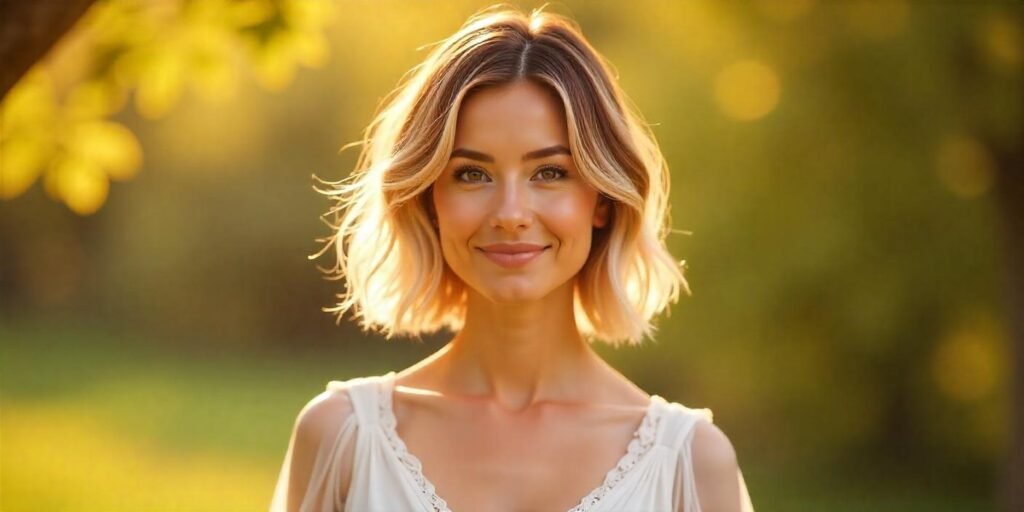 Textured inverted bob hairstyle with highlights on woman in romantic outdoor setting