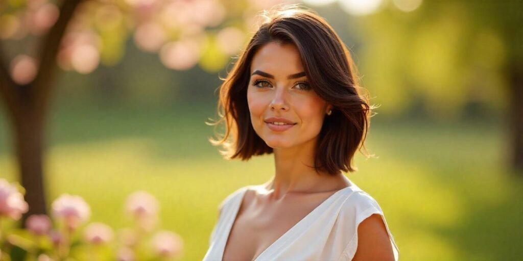 Elegant angled brunette bob with V-cut layers, wearing white dress in romantic outdoor scene.