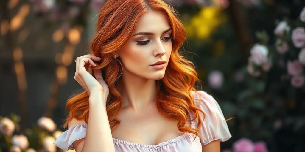 Realistic image of a woman with bright copper hair, styled in soft waves, wearing a pastel pink dress in a romantic garden setting.