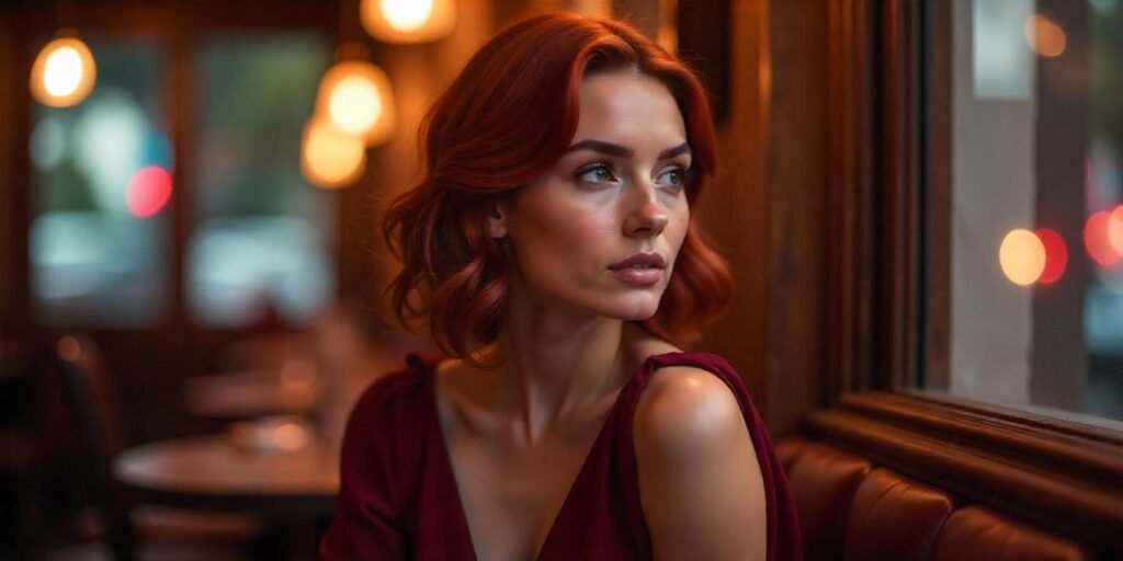 Realistic photo of a woman with deep red wine medium-length hair, wearing a burgundy dress, with a romantic cafe background. Hair features subtle highlights and lowlights, creating depth and vibrancy