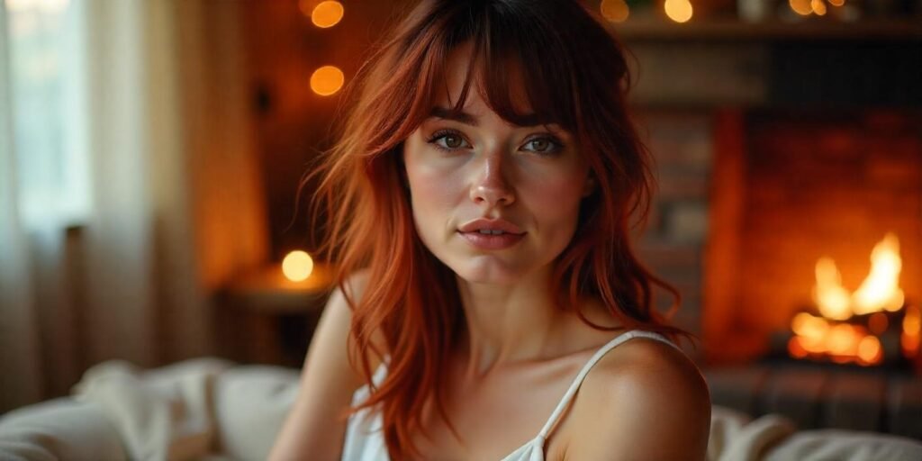 Woman with dark brown hair and auburn red highlights, styled with curtain bangs and messy waves, wearing a casual white dress in a romantic setting.
