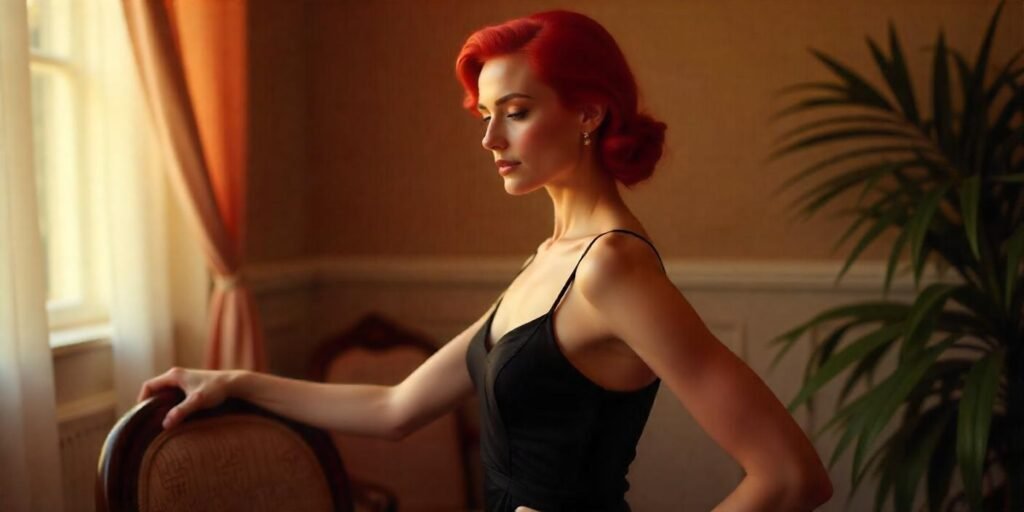 Hollywood-inspired red-haired woman in a sleek, polished look with a black evening gown, exuding confidence and sophistication in a romantic background