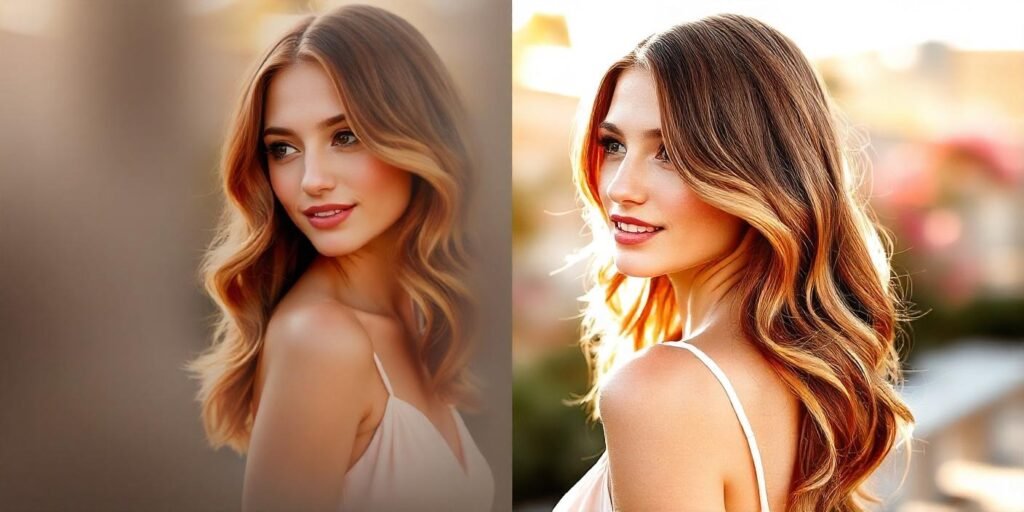 "Caramel highlights on auburn hair creating depth and warmth for a youthful look, with fine waves and a natural, elegant style."