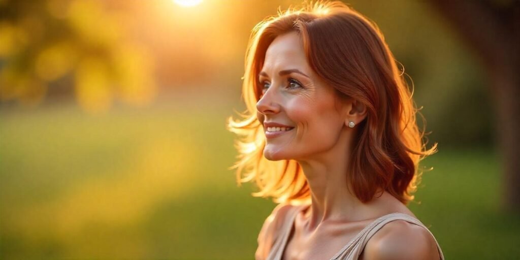 "Realistic image of a woman over 60 with rich auburn balayage hair, light auburn highlights blended with chocolate shades, and a natural glowing finish, framed beautifully."