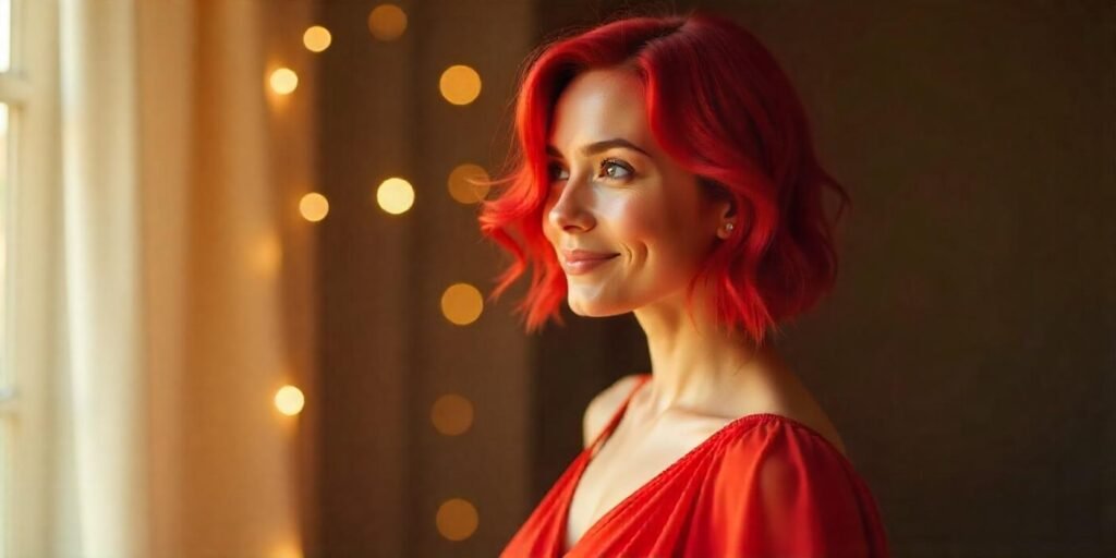 Ruby red ombre short hairstyle with dark base and fiery ruby ends, perfect for fine hair, styled with romantic lighting and soft dress