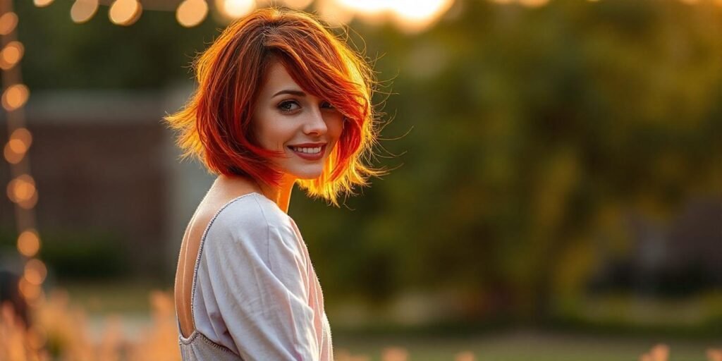 "Realistic image of a woman with a vibrant bob haircut featuring fiery red highlights on a dark base, wearing a pastel-colored dress in a romantic outdoor setting."