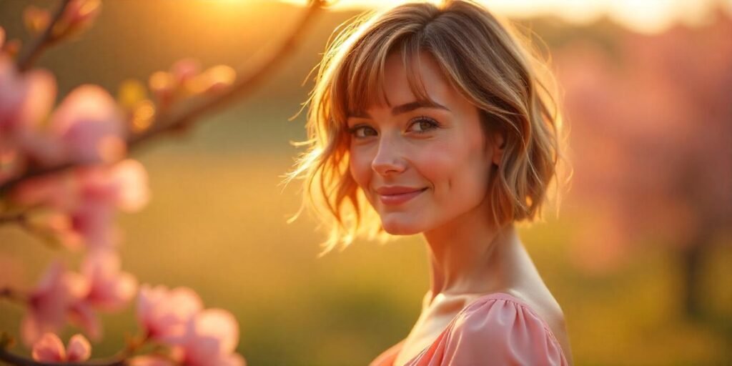 Woman with collarbone shaggy bob and wolf cut in pastel pink dress, romantic outdoor setting, textured hairstyle for round faces.