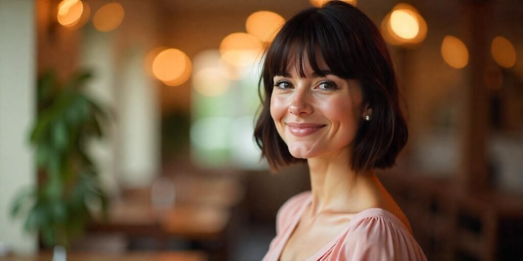 Woman with polished A-line lob and thick bangs, wearing a pastel dress, in a romantic setting for a sleek, versatile hairstyle