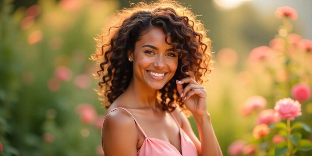 Woman with naturally curly layered hairstyle in a pink dress touching her vibrant curls in a romantic garden.