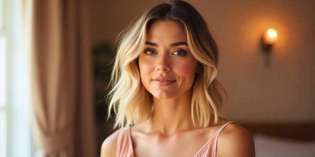 Woman with choppy lob haircut and face-framing highlights styling beachy waves in a romantic setting.