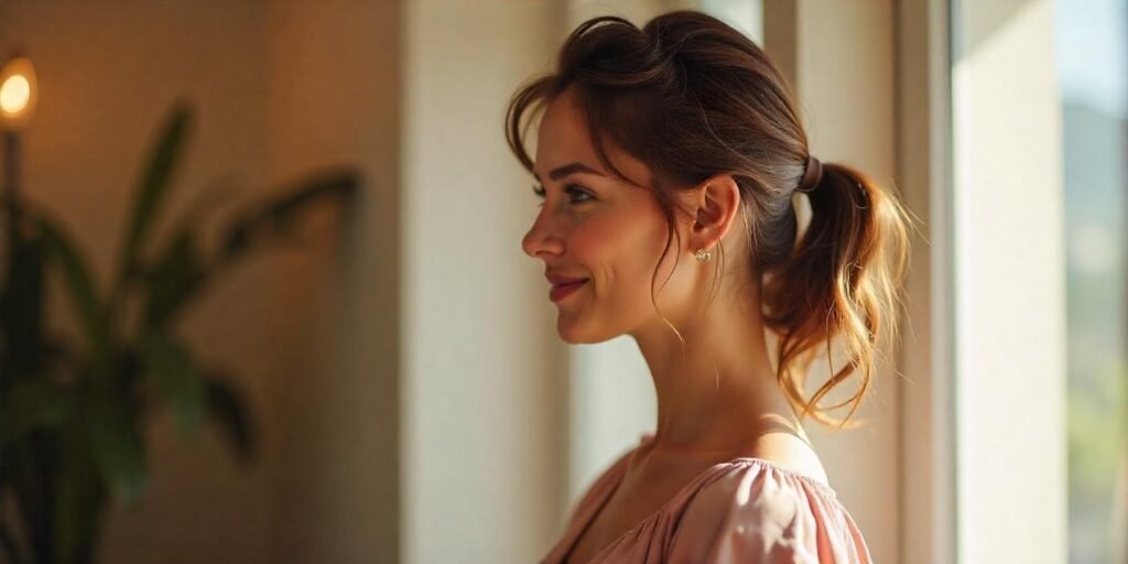 Textured ponytail hairstyle for medium hair with tousled ends and volume, styled in a romantic setting.