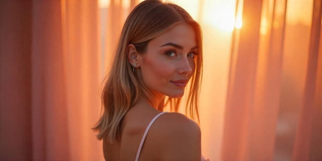 Woman with a glass hair collarbone cut, wearing a pastel dress in a romantic setting with a soft shine on fine hair.